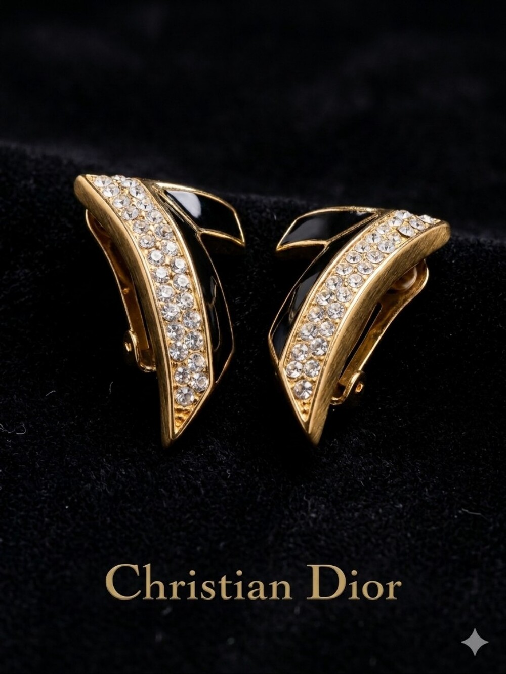 Vintage 80s Christian Dior Enamel Rhinstone Chevron Clip Earrings